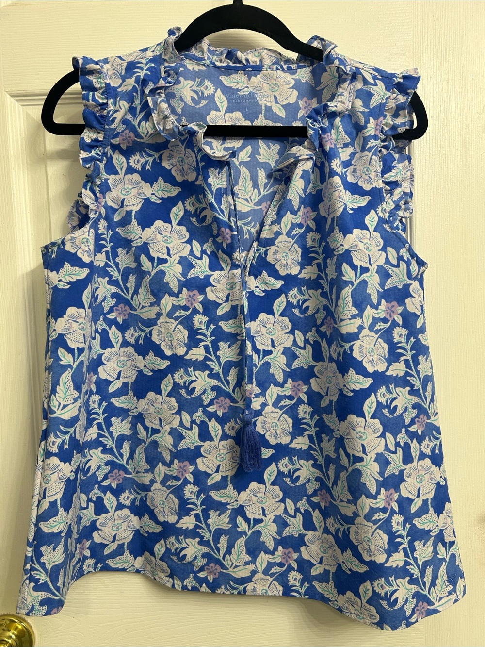 Vineyard Vines Blue Floral Ruffle Tassel Camisole